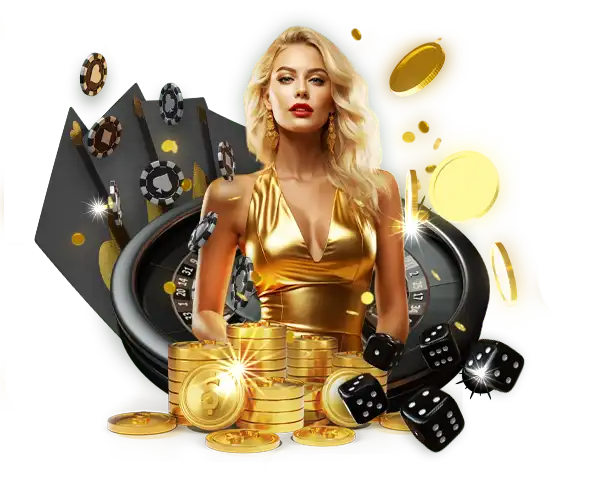 A glamorous depiction of a woman in a gold dress surrounded by casino elements such as golden coins, dice, playing cards, poker chips, and a roulette wheel, symbolizing luxury and excitement with Khushbet login.