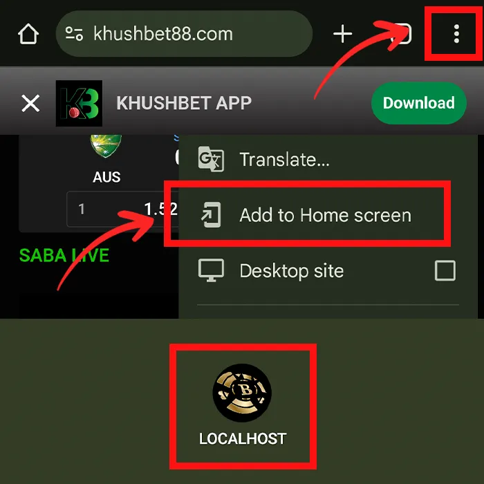 A step-by-step guide showing how to add the Khushbet login page shortcut to the Android home screen, highlighting the browser menu and the "Add to Home screen" option for quick access.