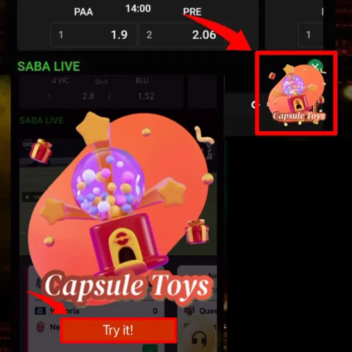 A screenshot of the Khushbet app showcasing the "Capsule Toys" feature with a vibrant design, inviting users to try their luck and win exciting rewards through interactive gameplay.