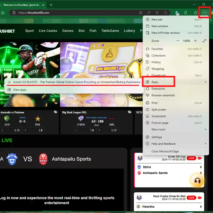A browser screenshot illustrating how to install the Khushbet login app using the "Apps" option from the browser menu, providing users with easy access to the platform.