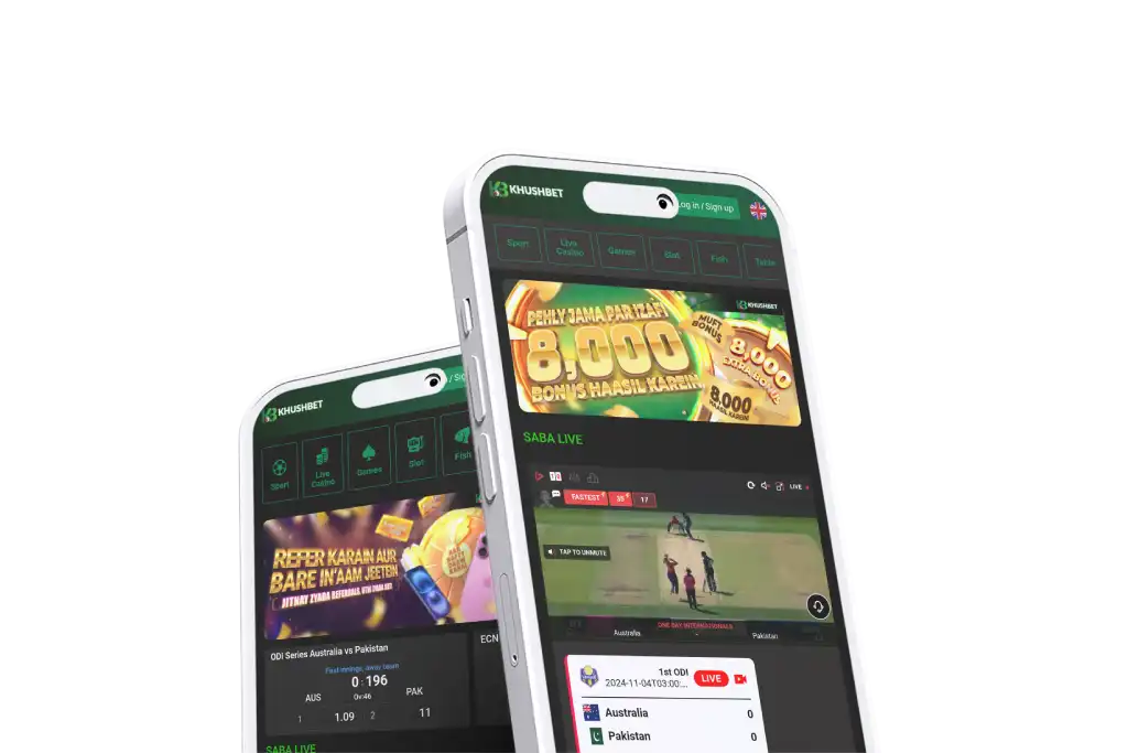 Two smartphones displaying the Khushbet login interface with features like promotional banners, live sports updates, and gaming options for a seamless user experience.
