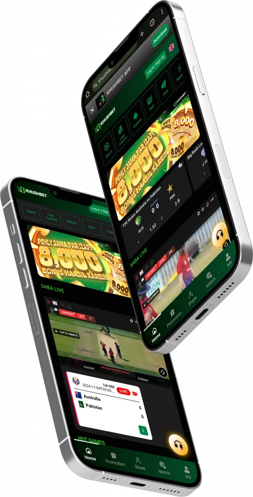 Two mobile phones showcasing the Khushbet login app interface with features like sports betting, live casino, and promotional offers, emphasizing an intuitive user experience.