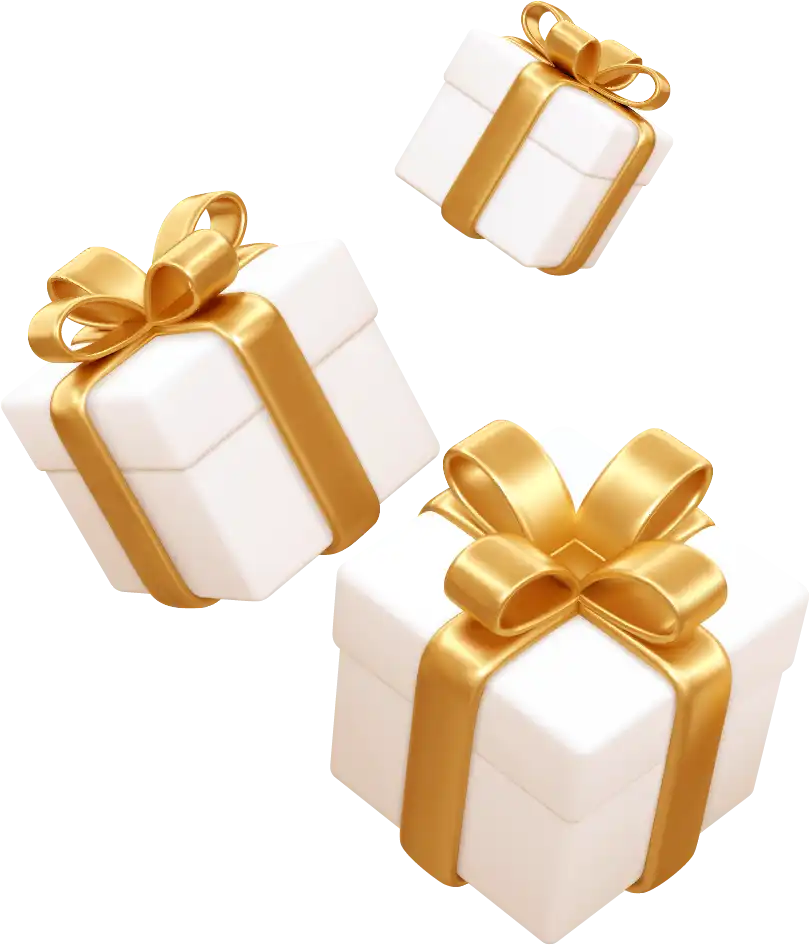 A collection of elegant white gift boxes adorned with golden ribbons, symbolizing bonuses and promotional rewards associated with Khushbet login.