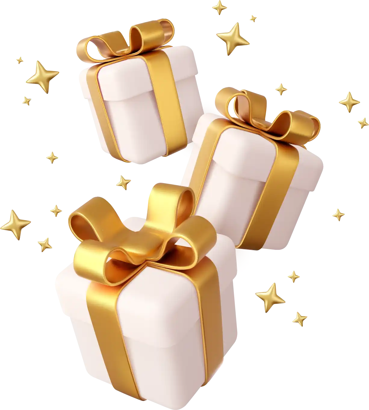Three elegant white gift boxes with golden ribbons surrounded by sparkling stars, representing exclusive rewards and bonuses for Khushbet login users.